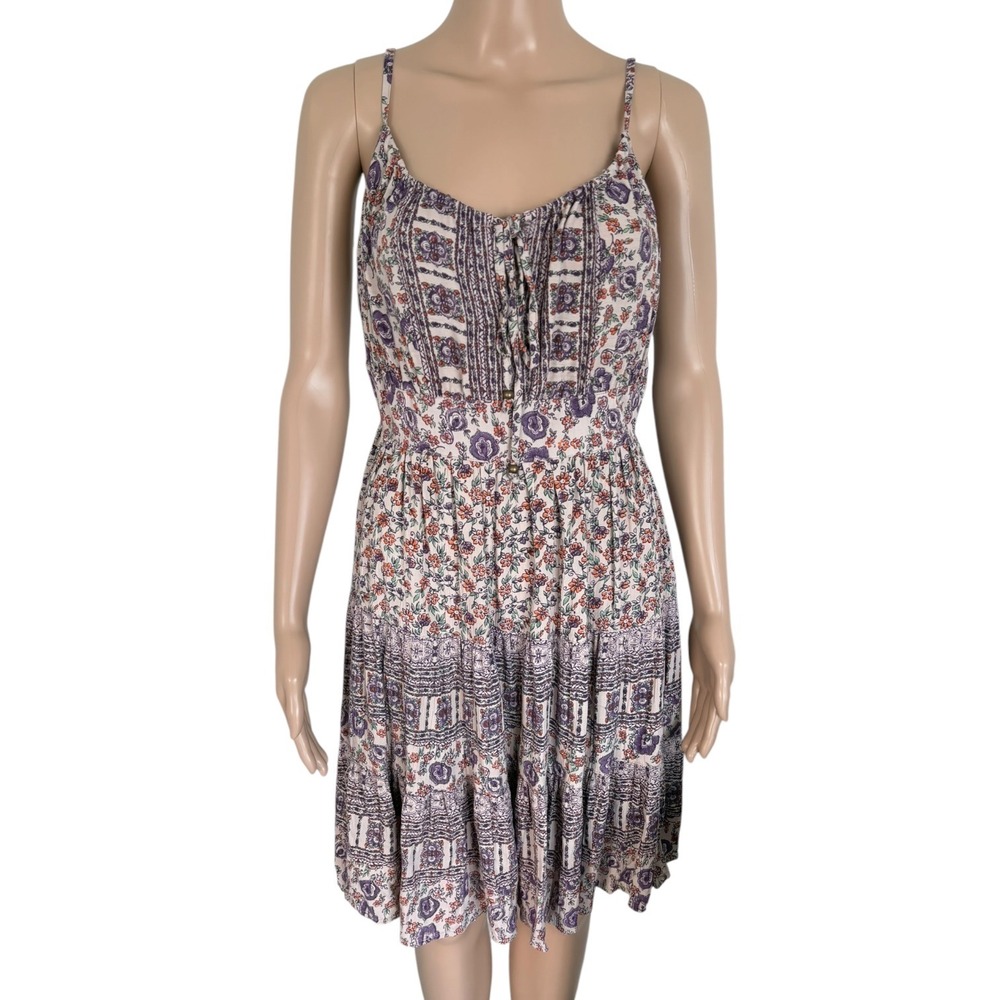 Angie Womens Boho Floral Paisley Tiered Smocked Back Sun Dress M Purple Cottage